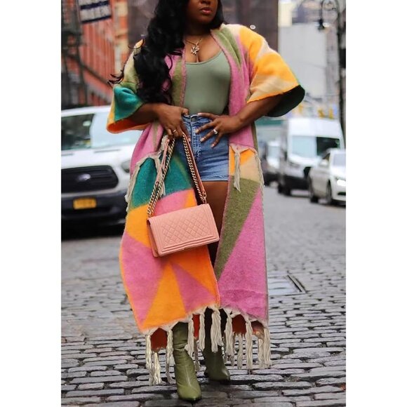 Women's Tassel Sweater Open Front Fringe Colorful Long Cardigan Poncho Sweater - Picture 2 of 6